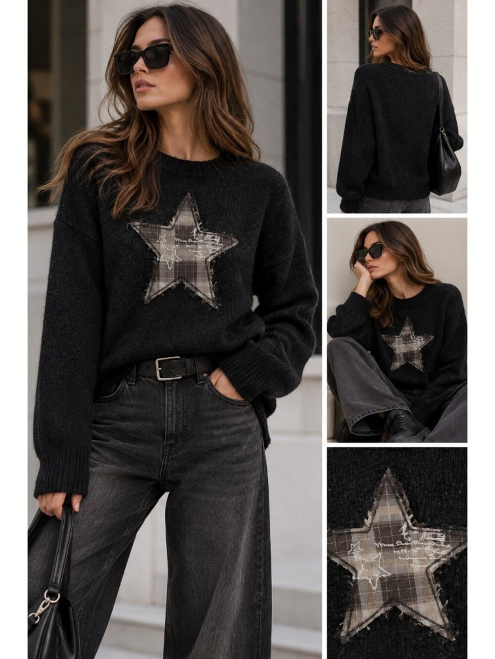 Minga London Black Plaid Star Patch Knit Sweater Grunge Y2K Size M